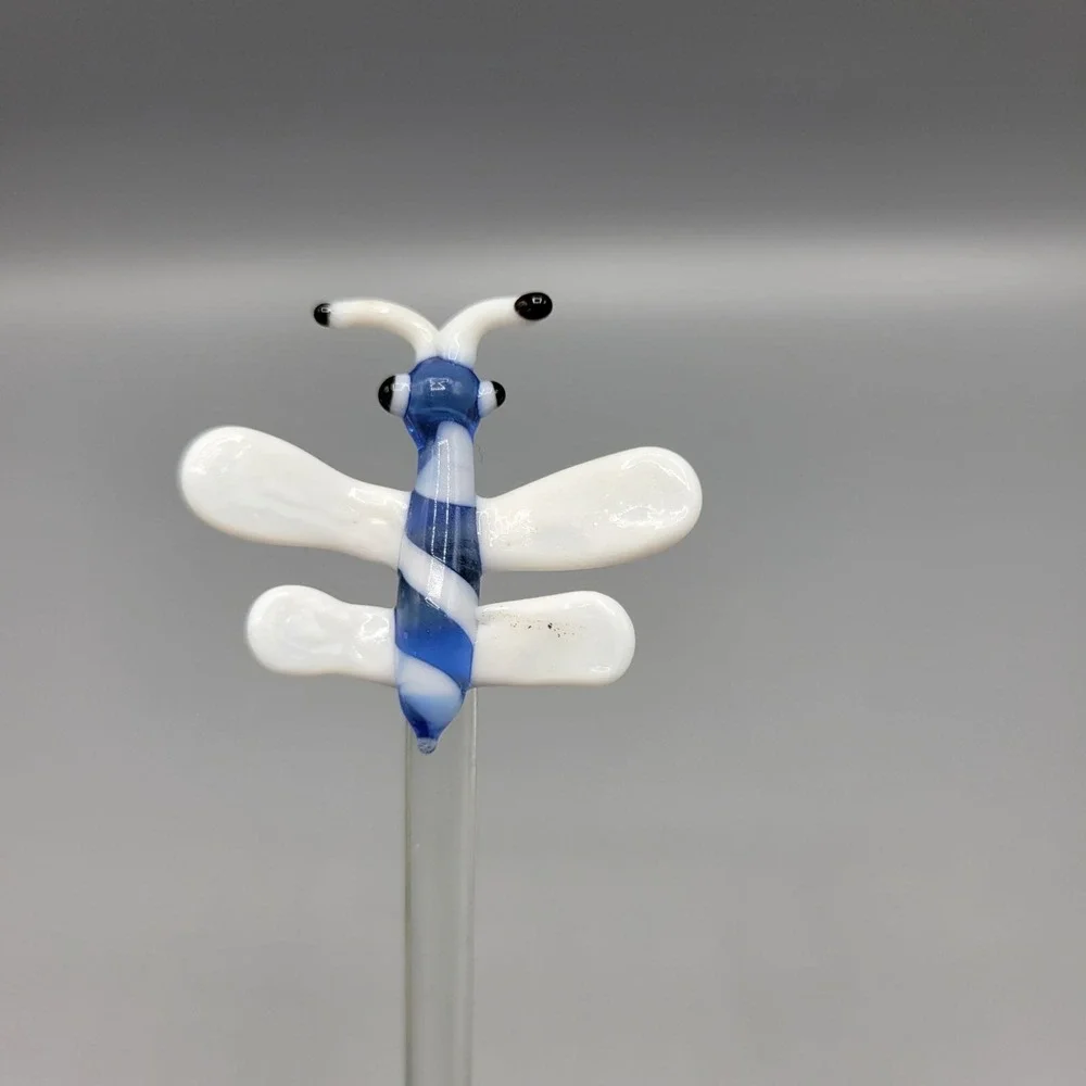 Set Of 4 Glass Stir Sticks Butterfly Dragonfly Retro Bar Swizzle Art Glass